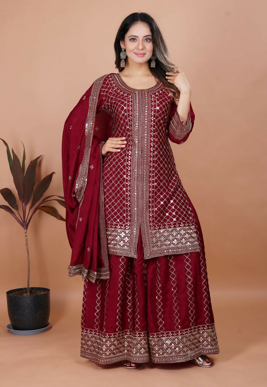 Teeya Creation Maroon Color Chinon Silk Embroidery Work Palazzo Set - Distacart
