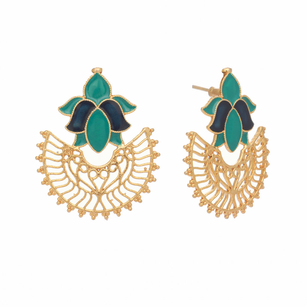 Nuyug 22K Gold Plated Turquoise Enamel Studded Indo-Western Floral Jali Statement Stud Earrings - Distacart