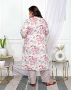 Miravan Women's Plus Size Light Pink Scenic Birds And Leaf Floral Printed Cotton Straight Pakistani Style Kurta And Palazzo