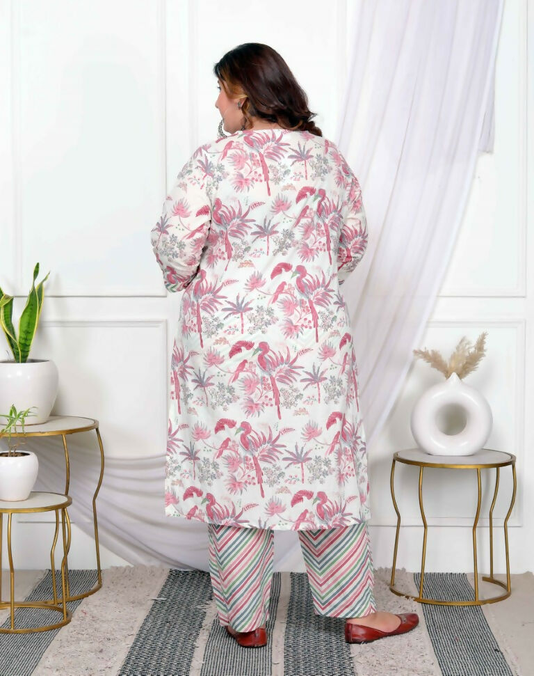 Miravan Women's Plus Size Light Pink Scenic Birds And Leaf Floral Printed Cotton Straight Pakistani Style Kurta And Palazzo