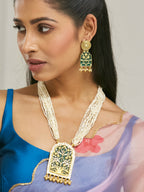 Nuyug 22K Gold-Plated Pearl Beaded Strings Green Enamel Pendant with Floral Motifs Necklace Set
