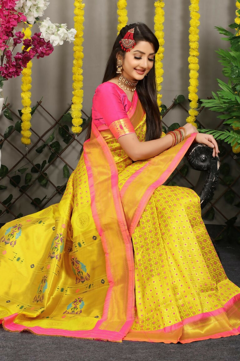 Jyoti Fashion Women's Yellow Banarasi Silk Zari Woven Saree with Blouse