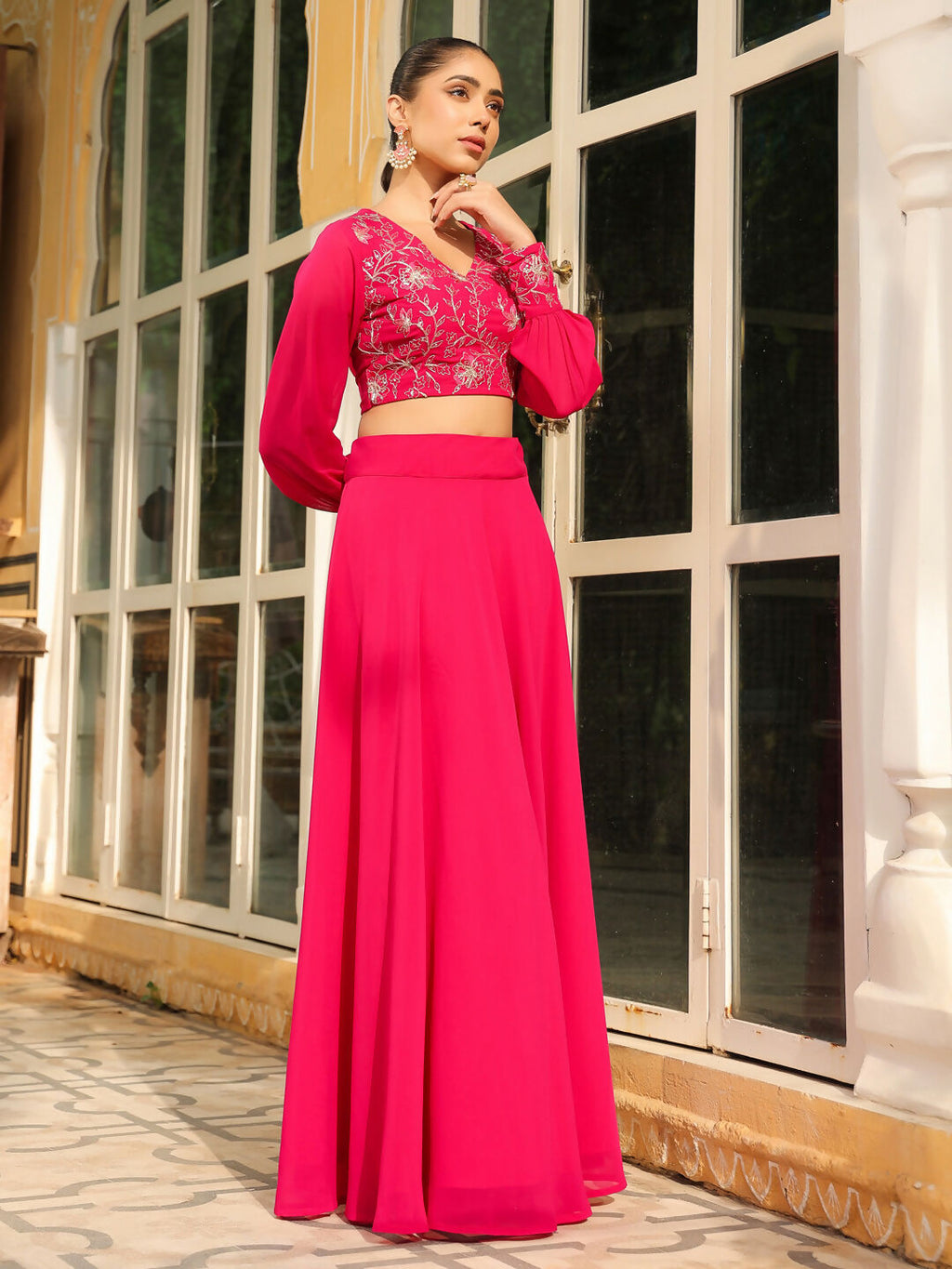 Janasya Pink Georgette Embroidered Top & Skirt
