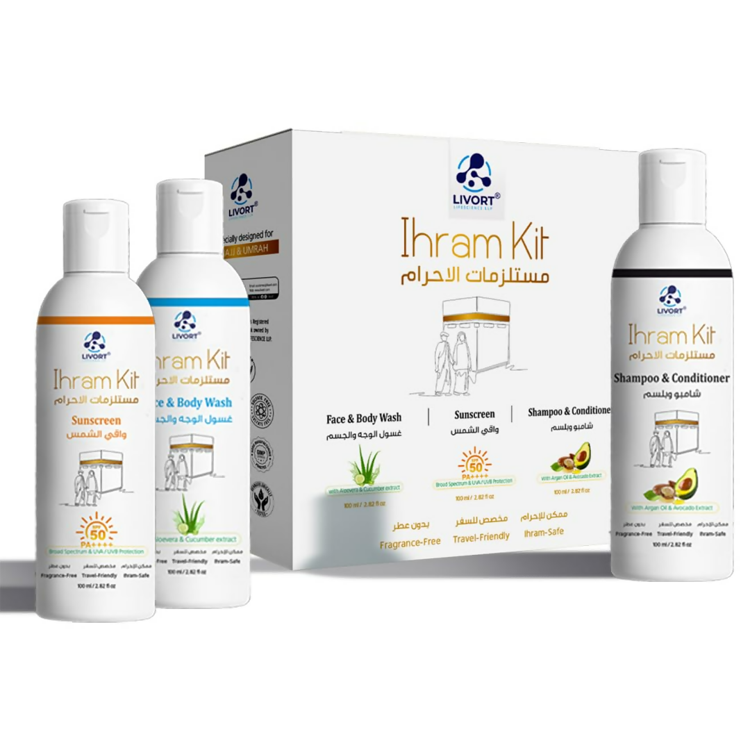 Livort Ihram Kit Hajj & Umrah Face & Body Wash Sunscreen Shampoo & Conditioner