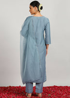 Aavyora Women's Sky Grey Embroidered Kurta Set with Dupatta - Distacart
