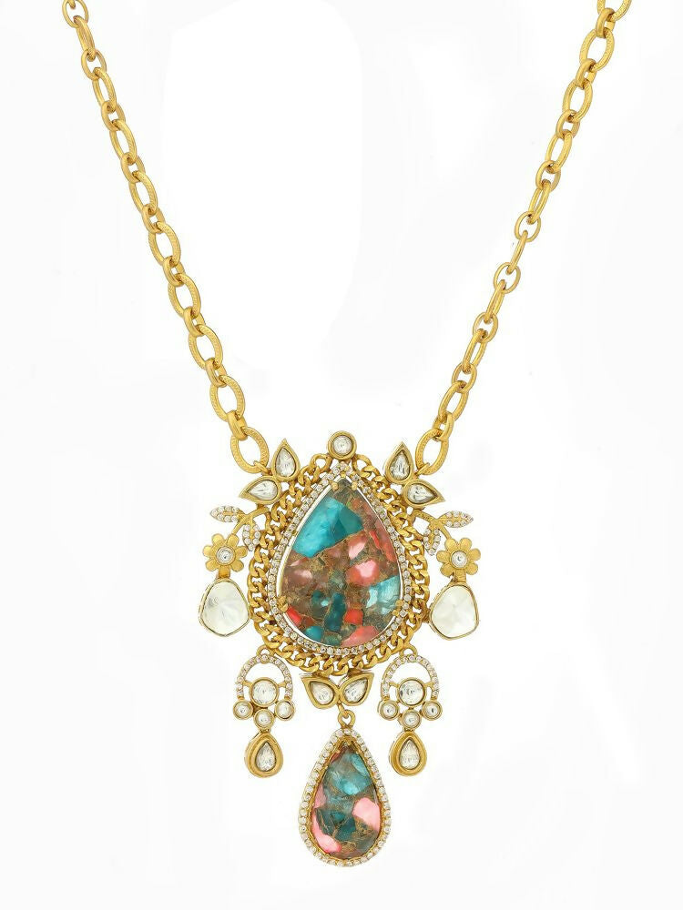 Natural Stones Antique Finish Earrings and Necklace set - Ruby Raang