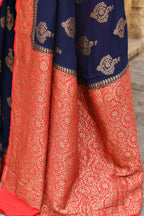 Joban Fashion Navy Blue Crepe Chiffon Pure Handloom Banarasi Silk Saree