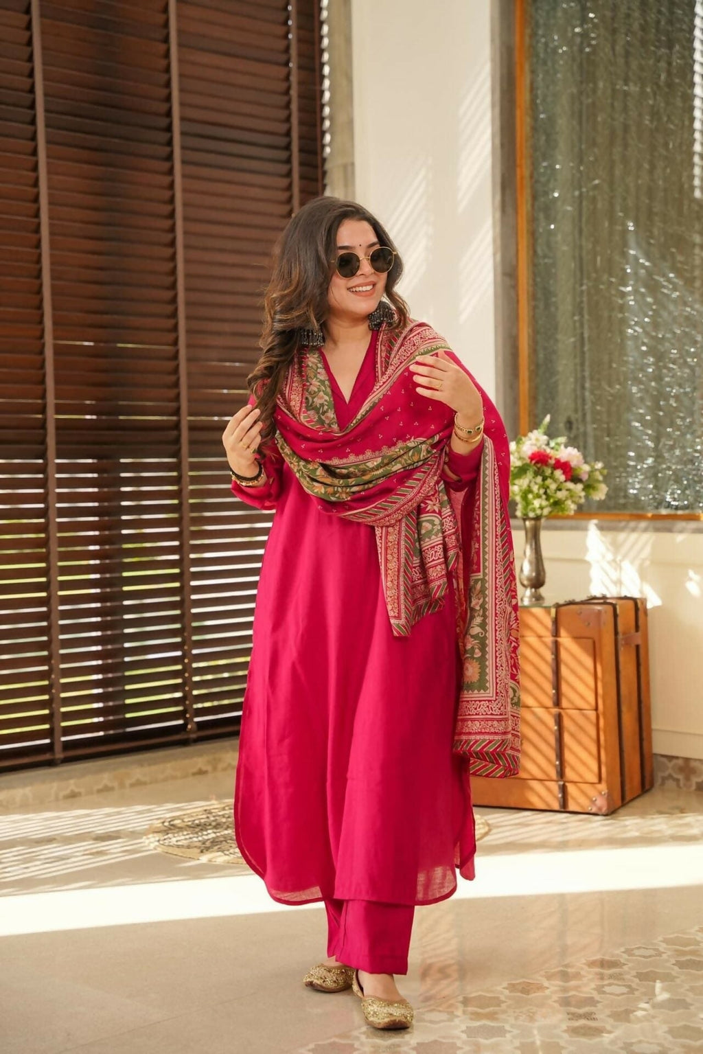 The52 Rani Women's Beautiful South Cotton Fabric Straight Kurta with Pant And Dupatta Set - Distacart