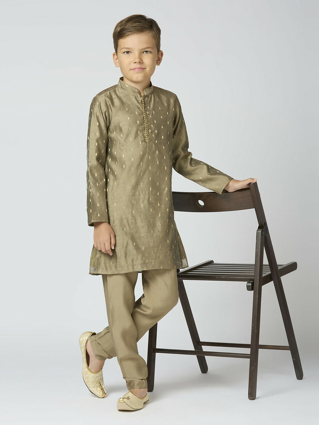 Joban Fashion Kids Island Full Sleeves Chanderi Kurta, Pyjama Set with Traditional Butta Work - Grey - Distacart
