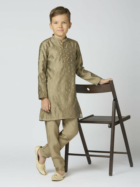 Joban Fashion Kids Island Full Sleeves Chanderi Kurta, Pyjama Set with Traditional Butta Work - Grey
