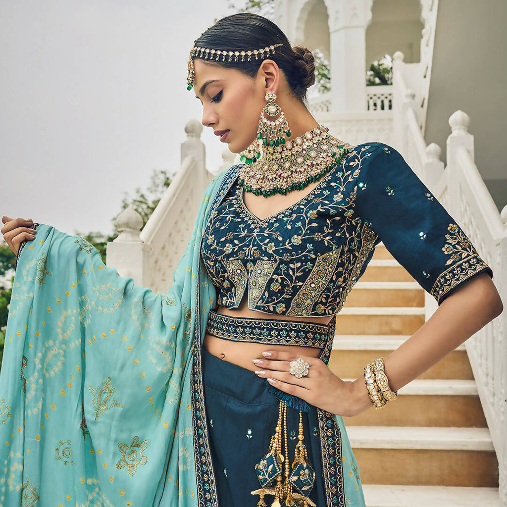 Navy Blue Heavy Viscose Khatli, Embroidery & Mirror Work Unstitched Lehenga Choli - Sisha Keshav
