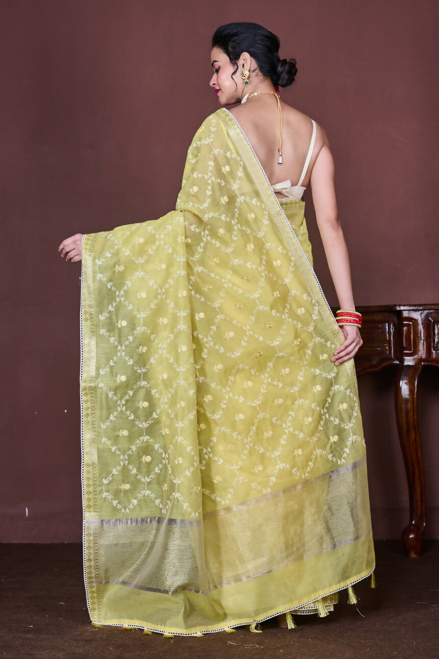 Morchari Yellow Cotton Chanderi Embroidery Saree Unstitched Blouse - Distacart