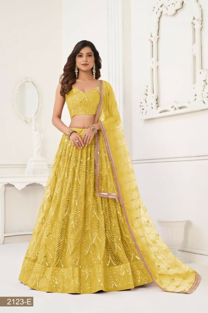 Aastha Fashion Yellow Butterfly Net Tone To Tone Thread Work, Sequence Work And Original Mirror Work Embroidery Wedding Wear Lehenga Choli