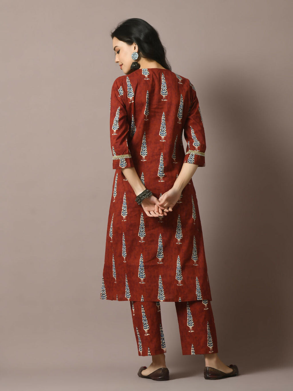 Myshka Women's Rust Printed Cotton Straight Party Kurta Set