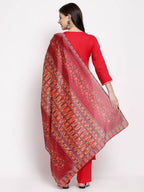 Myshka Women's Latest Red Cotton Solid 3/4 Sleeve Square Neck Casual Kurta Pant Dupatta Set