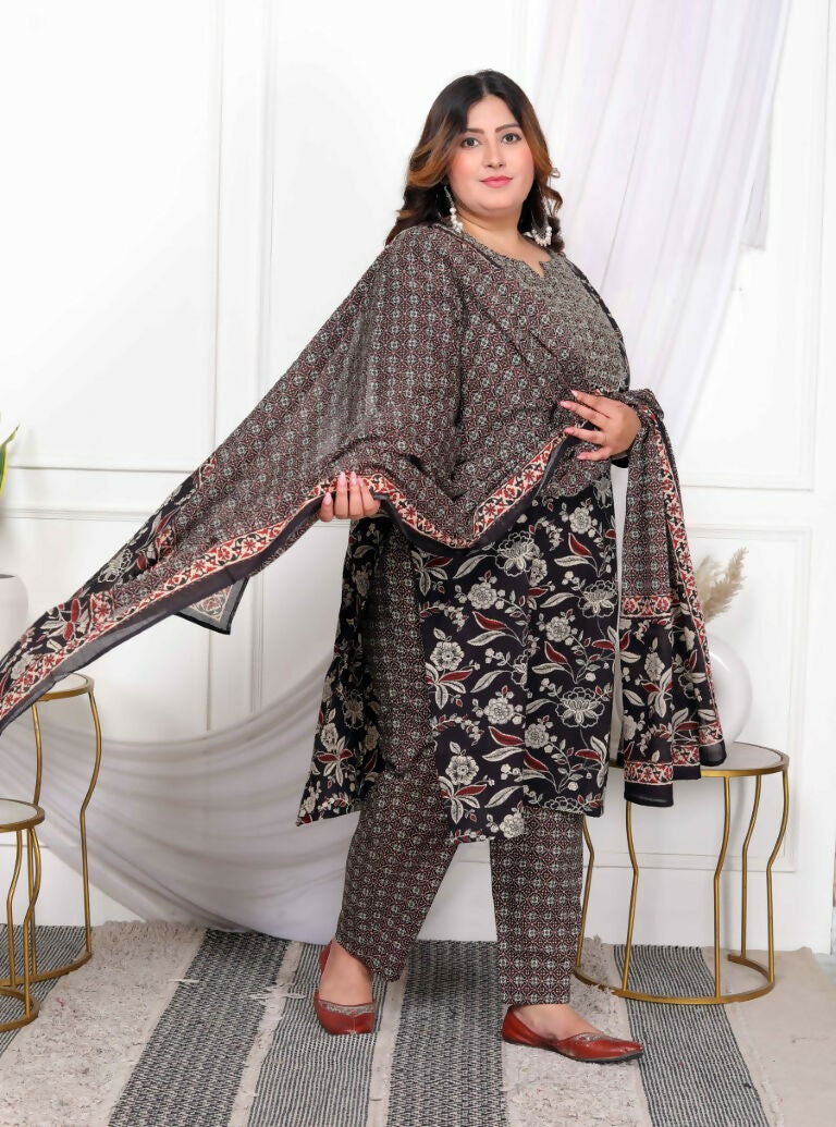 Miravan Women's Plus Size Multi Colour Floral Printed Embroidery Yoke Design Kurta with Palazzo And Dupatta Set