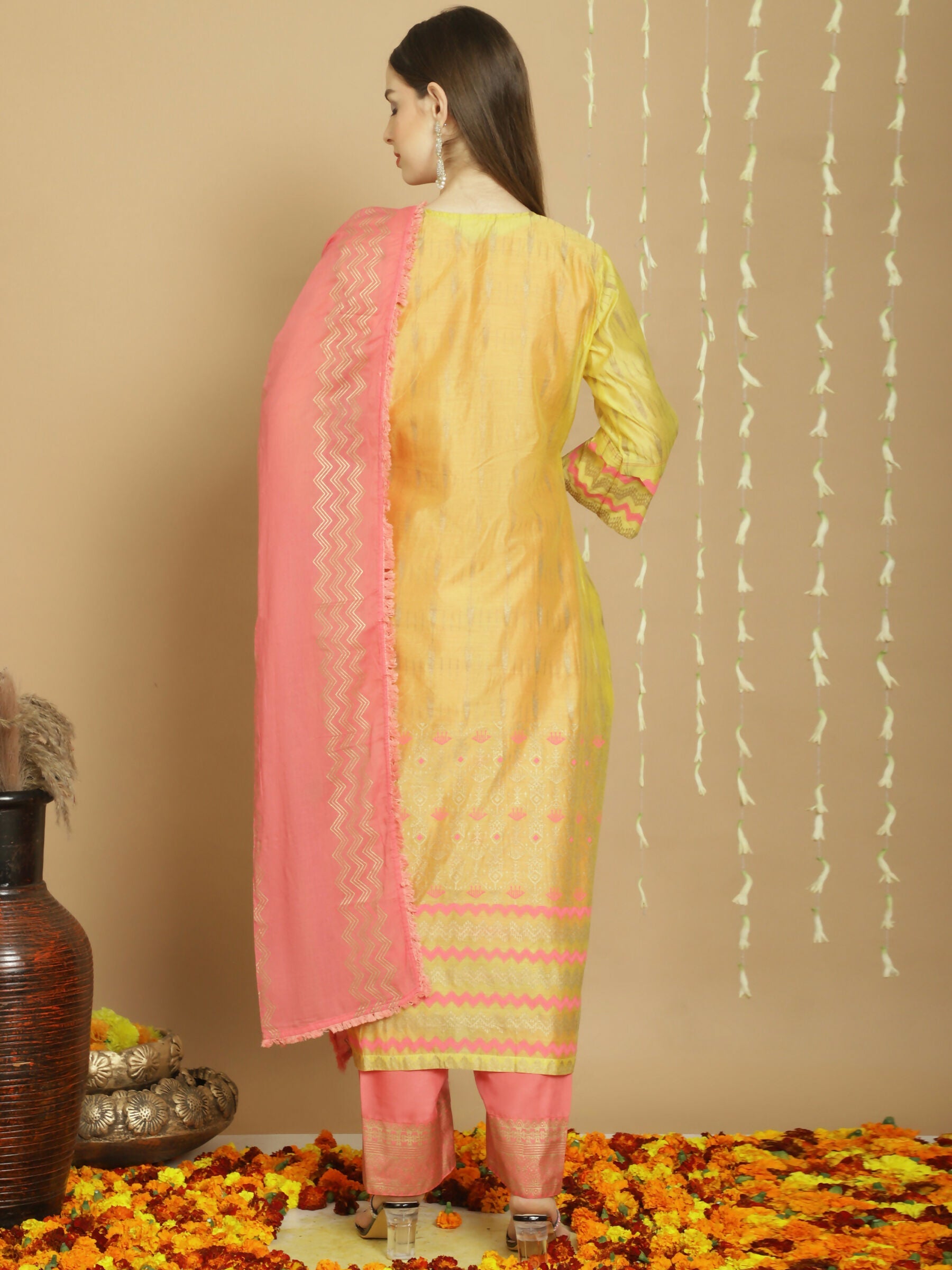 Jyoti Fashion Women's Yellow Chanderi Silk Elegant Jardoshi Semi Kurta with Trouser & Dupatta