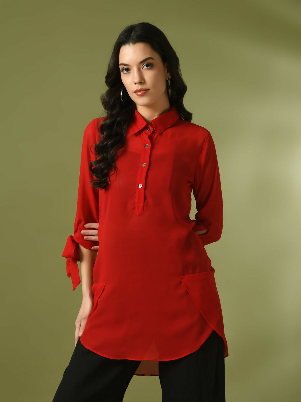 Myshka Women's Red Solid Georgette Longline Party Sheer Tunic