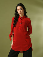 Myshka Women's Red Solid Georgette Longline Party Sheer Tunic