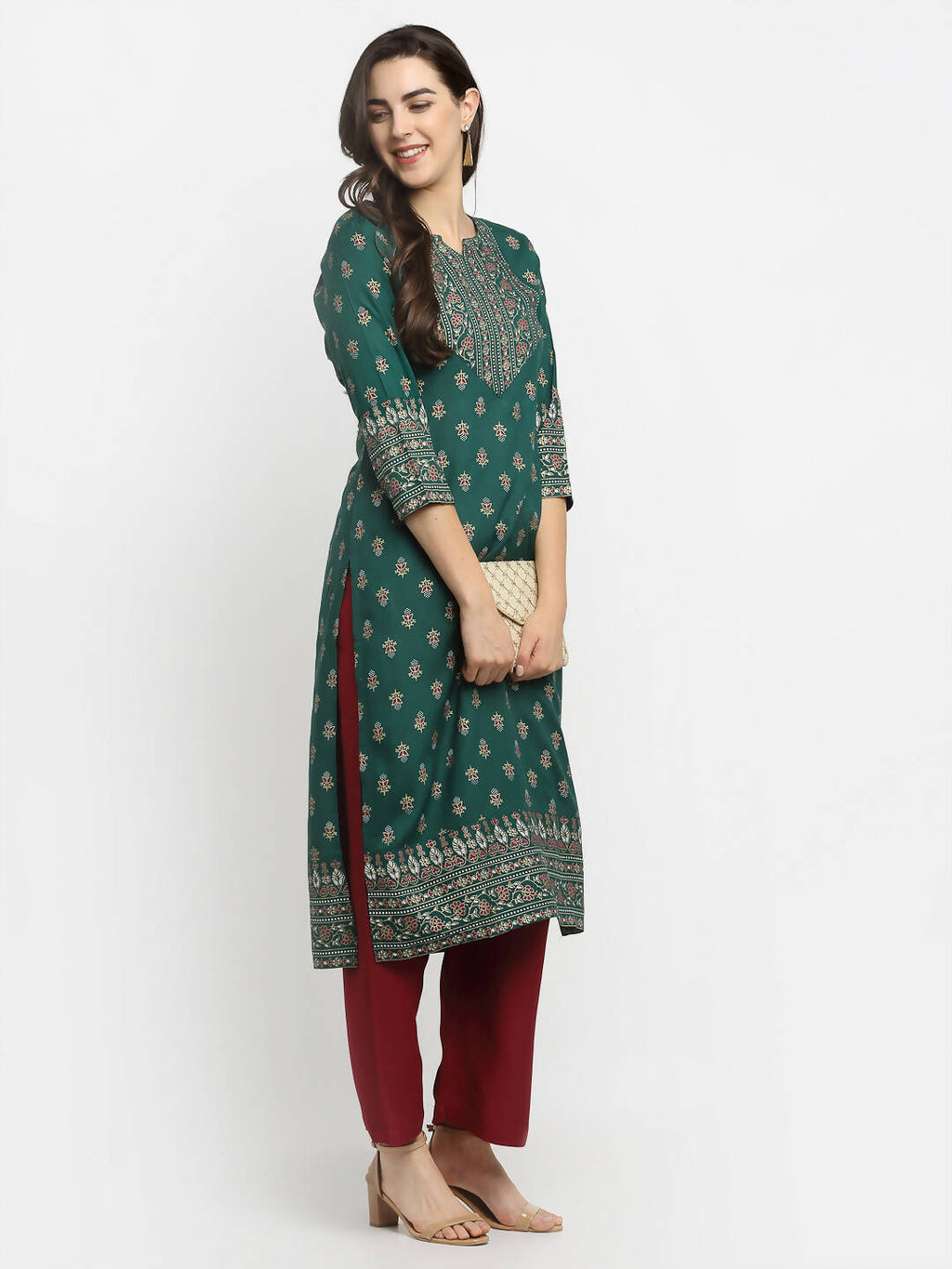 Rudra Bazaar Green Printed Yoke Designed Straight Kurta with Maroon Pyjamas - Distacart