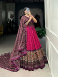 Vastranavya Bandhej And Ajarakh Print Tussar Silk Lehenga Choli - Pink