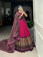 Vastranavya Bandhej And Ajarakh Print Tussar Silk Lehenga Choli - Pink