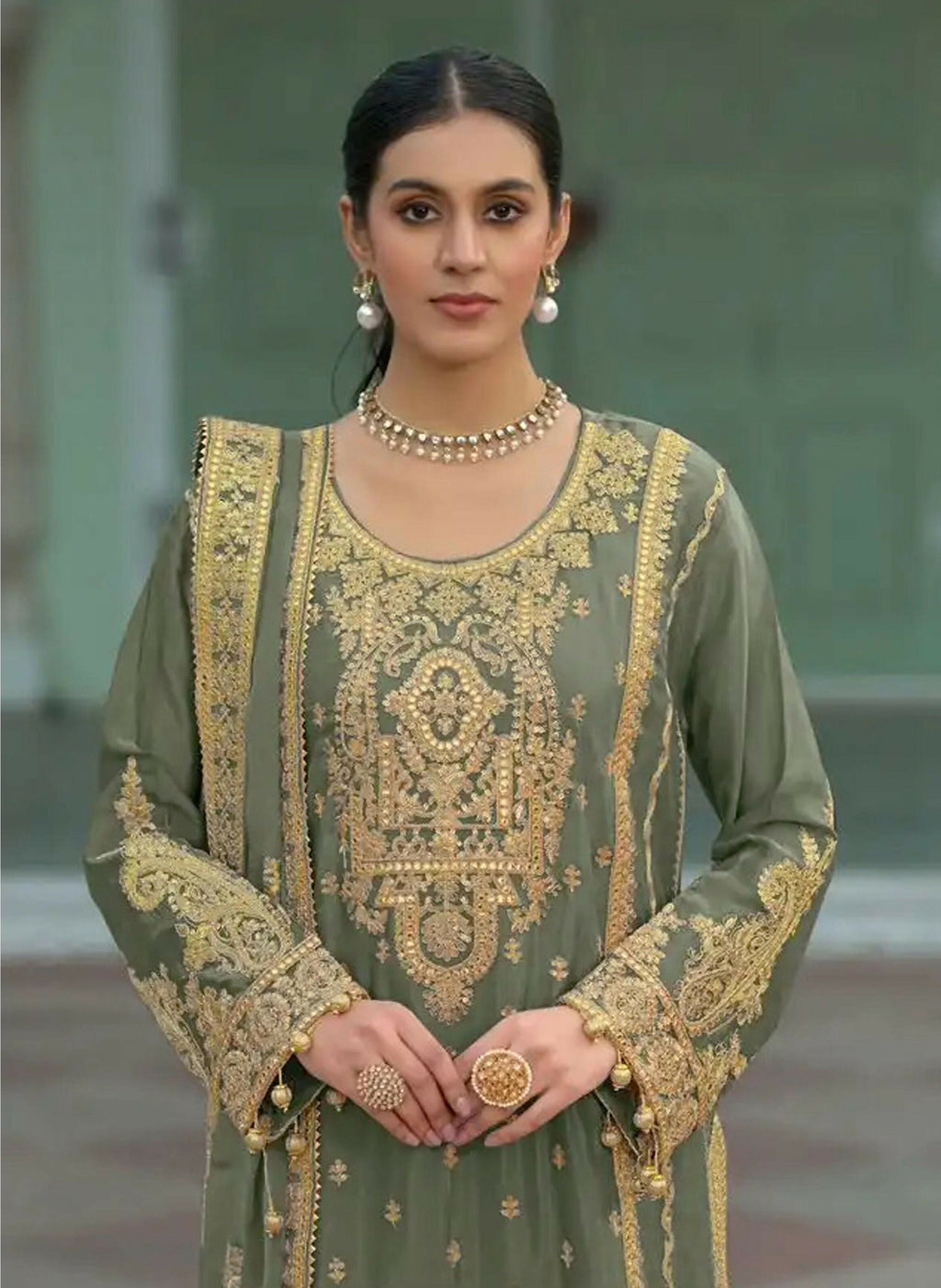 Anaita Mehndi Heavy Chinon Readymade Palazzo Suit with Heavy Embroidery Work - Distacart