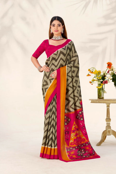 Vastranavya Mehendi Tussar Silk Zigzag Waves Printed Saree with Unstitched Blouse