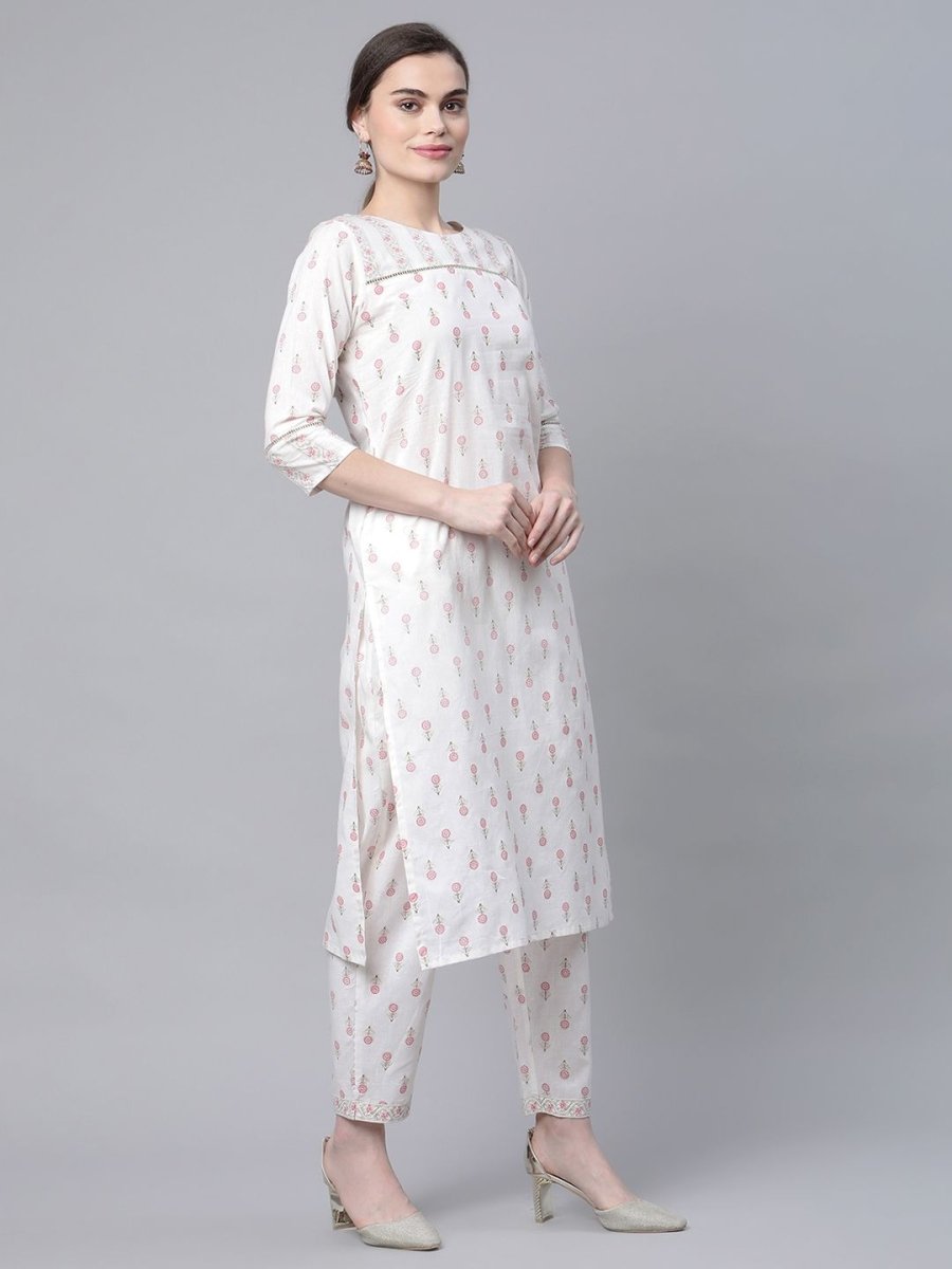 Ahalyaa Women White Pure Cotton Printed Kurta Pant Set