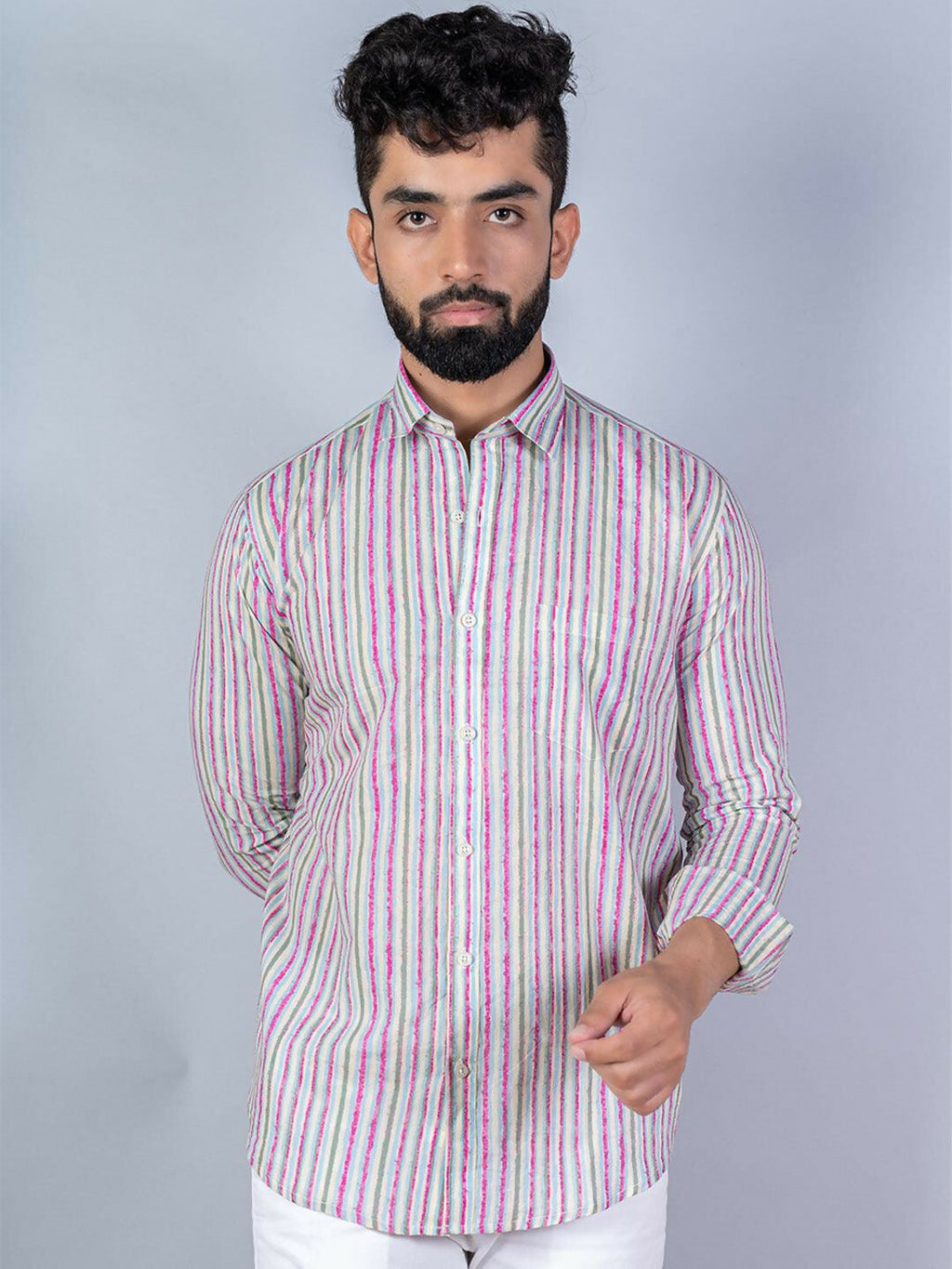 Miravan Men's Regular Fit Multi Stripe Cotton Button Down Full Sleeve Slim Fit Shirt