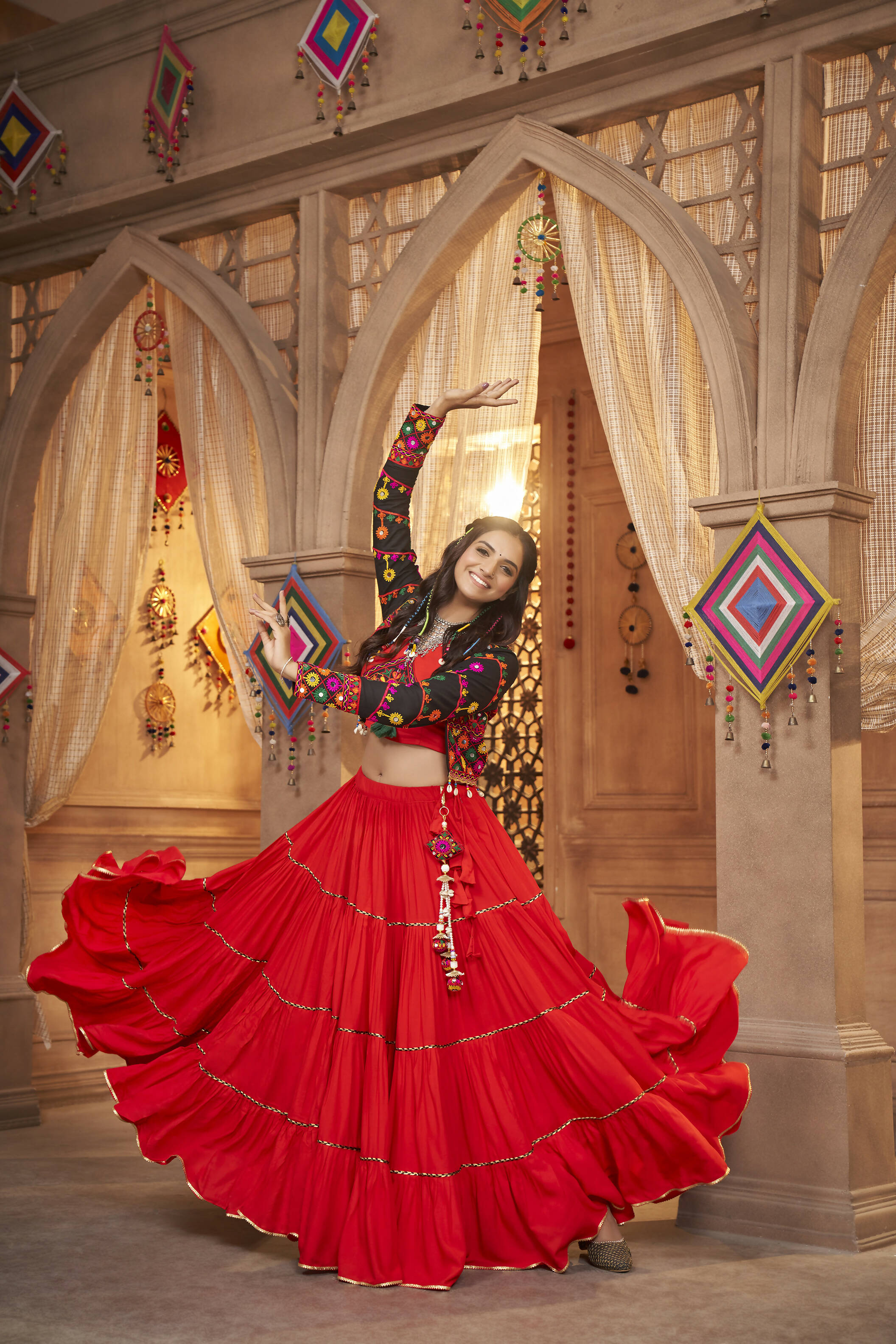 Red Viscose Rayon Navratri Lehenga Choli With Dupatta - Raas