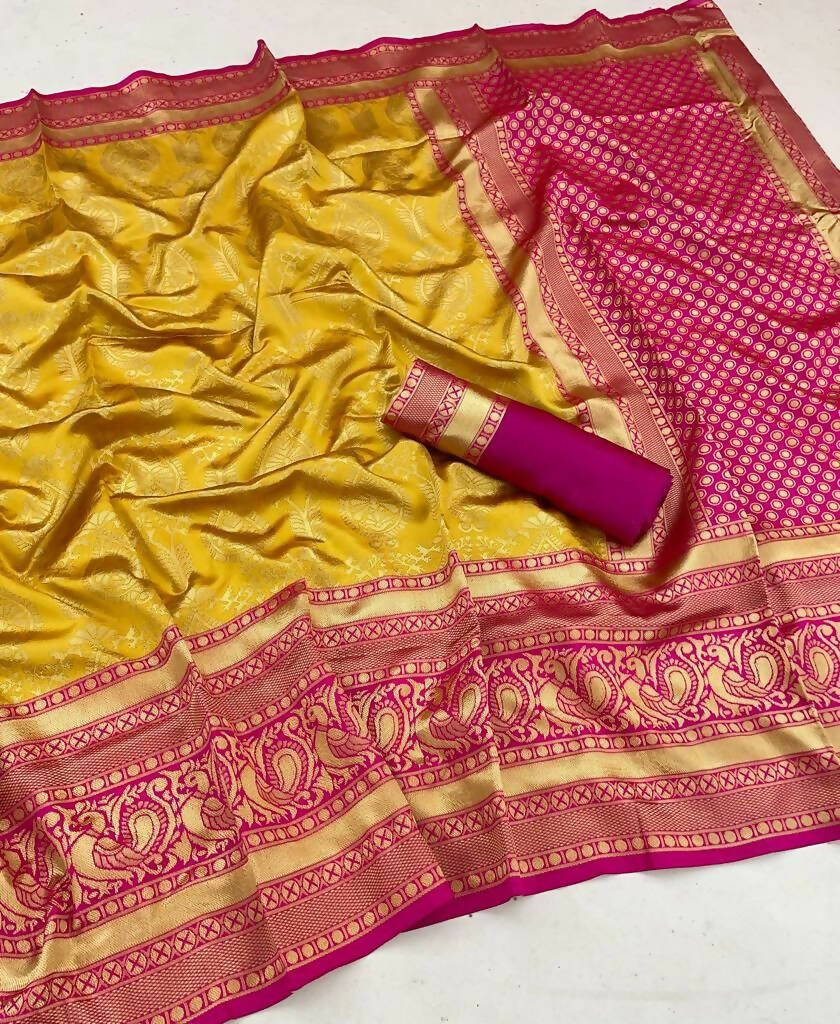 DEIANA'S Beautiful Designer Golden zari Soft Lichi Silk Saree - Yellow