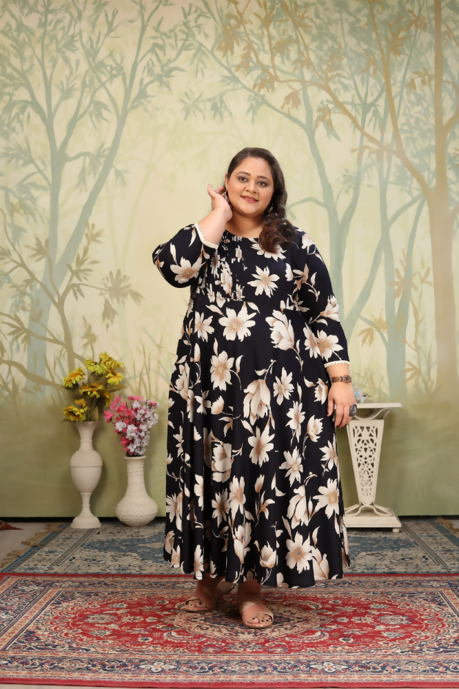 Jyoti Fashion Women's Black Rayon Floral Print with Sequins Designer Anarkali Set
