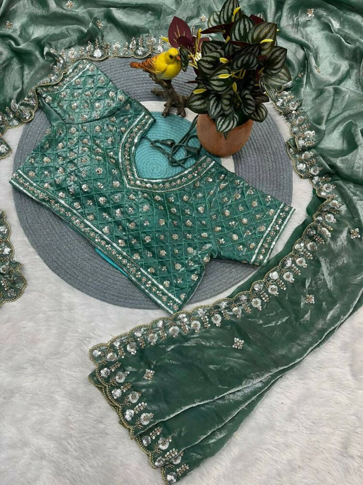 Joban Fashion Green Fandy Satin Silk Party Wear Sarees - Distacart