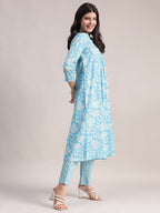 Aavyora Women's Sky Blue Floral Printed A-Line Kurta with Pintucks, Striped Pants & Dupatta Set