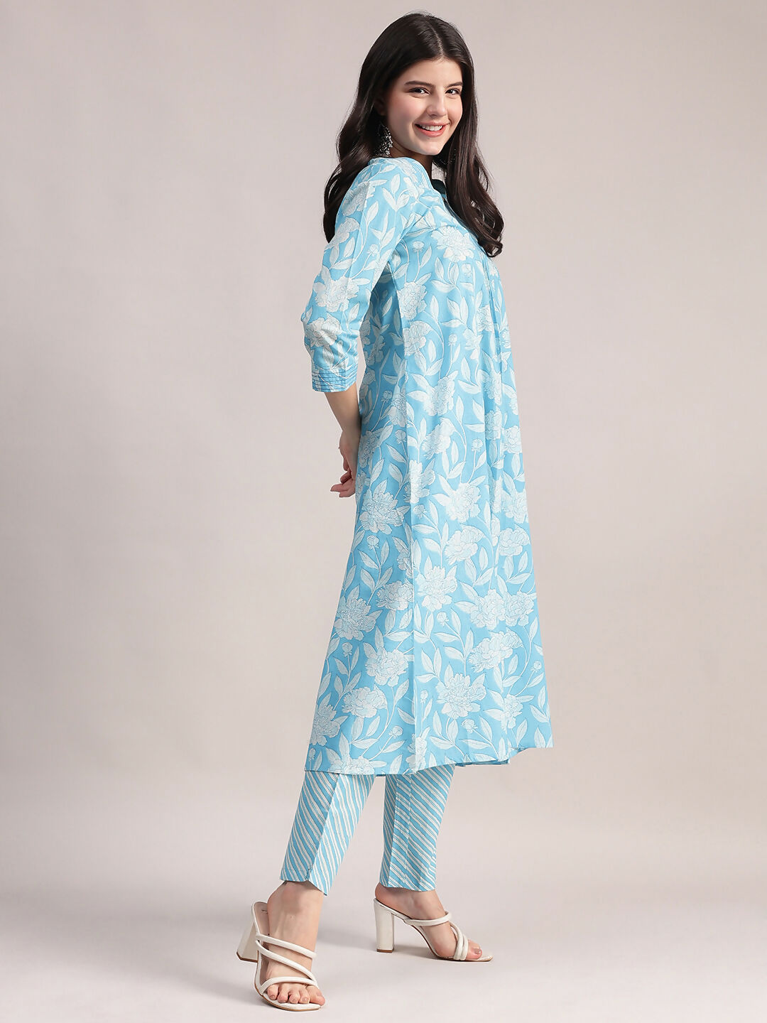 Aavyora Women's Sky Blue Floral Printed A-Line Kurta with Pintucks, Striped Pants & Dupatta Set