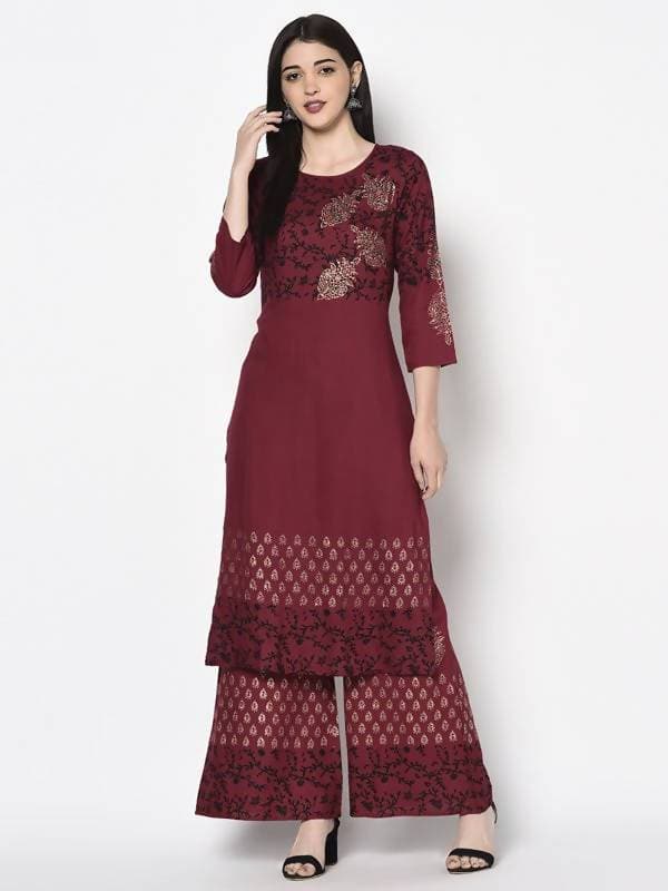 Aniyah Rayon Maroon Color Block Print Flared Slip-On Palazzo (AN-183K)