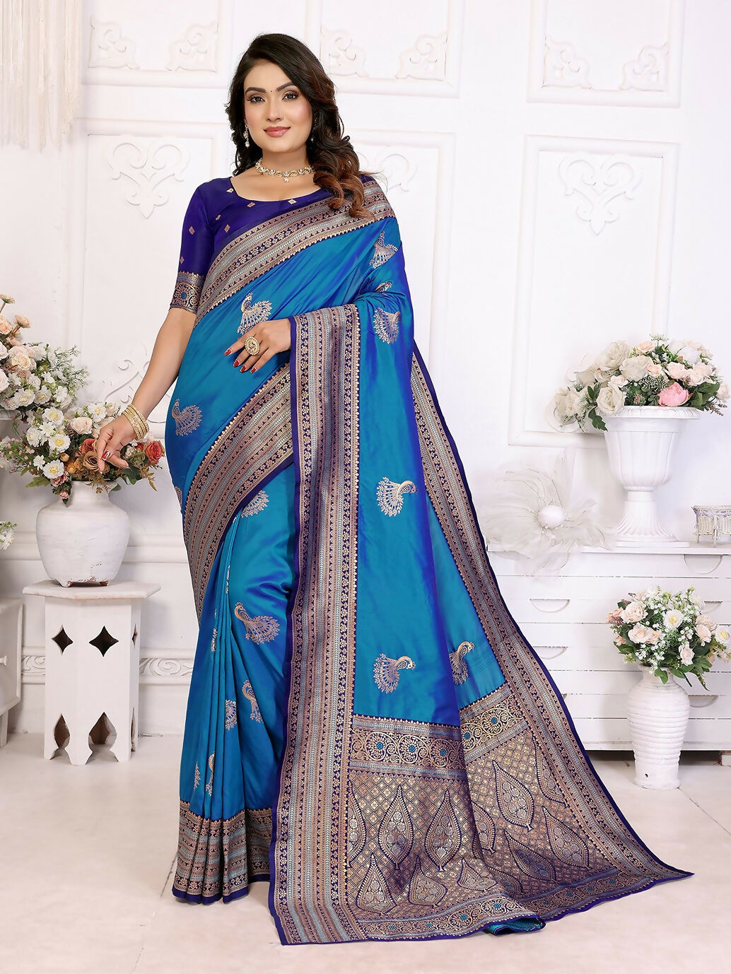 Joban Fashion Banarasi Royal Blue Small Butti Soft Silk Saree - Distacart