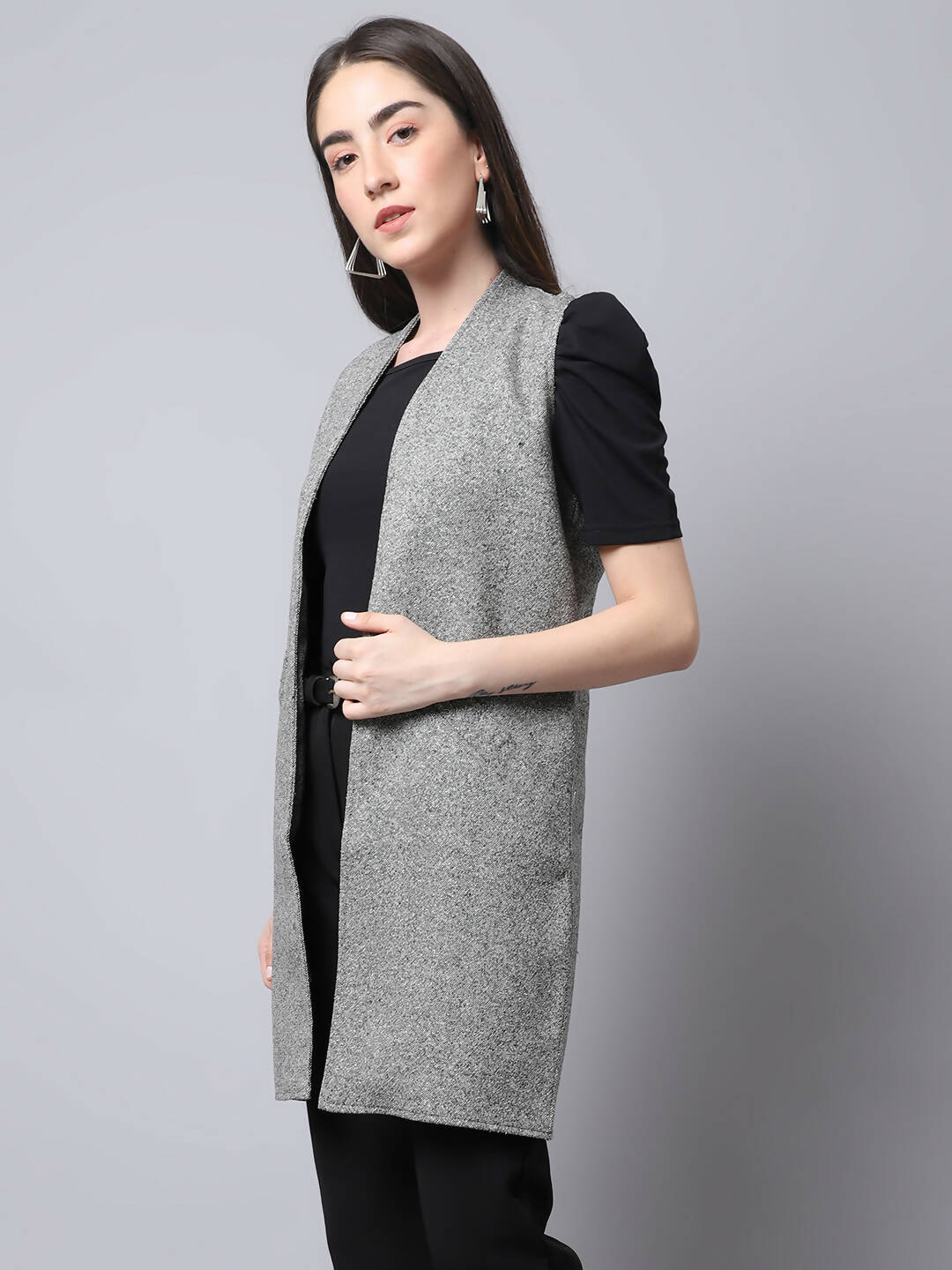 Even Apparels Grey Pure Wool Open Front Woolen Women's Long Coat - Distacart