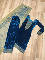 Vastranavya Morpeach Velvet With Rich Sequins & Zari Embroidered Work Top-Bottom With Dupatta - Distacart