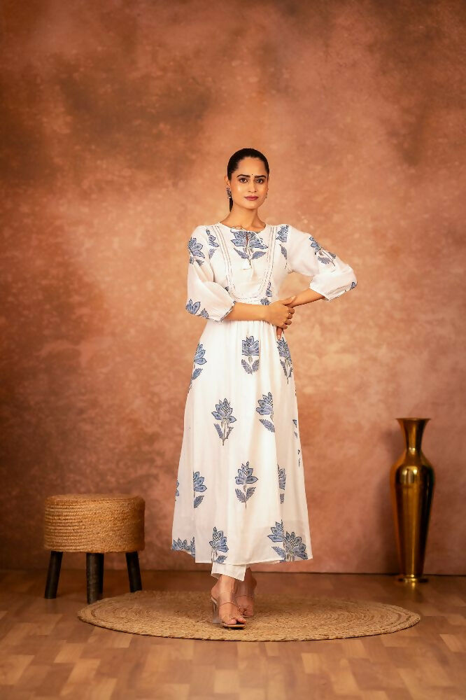 Joban Fashion Blue Floral Hand Block Printed Cotton Kurta Pant Set - Distacart