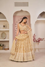 Aastha Fashion Beige Chiku Butterfly Net White Cotton Thread Work, Zari Work And Sandwich Sequence Work Embroidery Wedding Wear Lehenga Choli