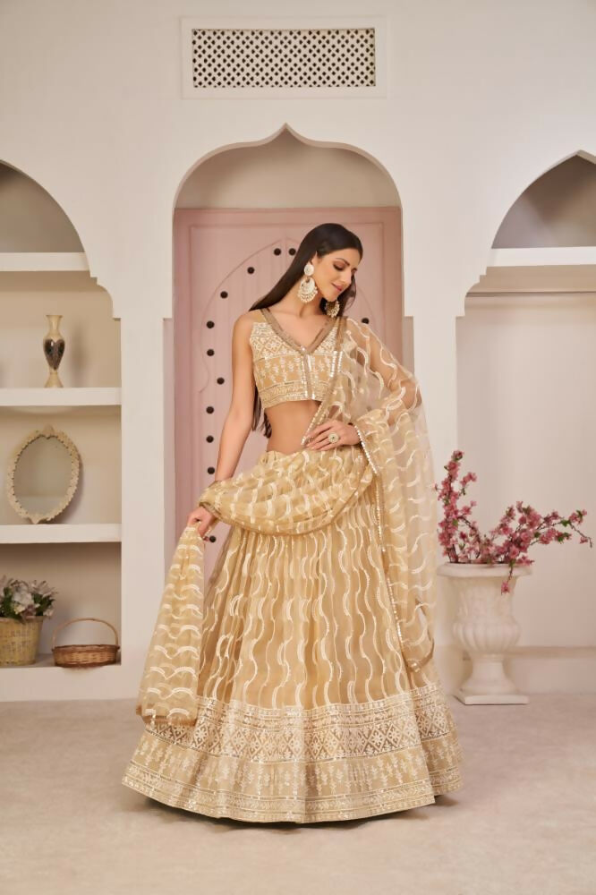 Aastha Fashion Beige Chiku Butterfly Net White Cotton Thread Work, Zari Work And Sandwich Sequence Work Embroidery Wedding Wear Lehenga Choli
