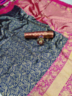 DEIANA'S Beautiful Designer Golden zari Soft Lichi Silk Saree - Blue