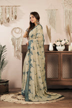 Joban Fashion Beige Floral Linen Ready To Wear Saree With Unstitched Blouse - Distacart