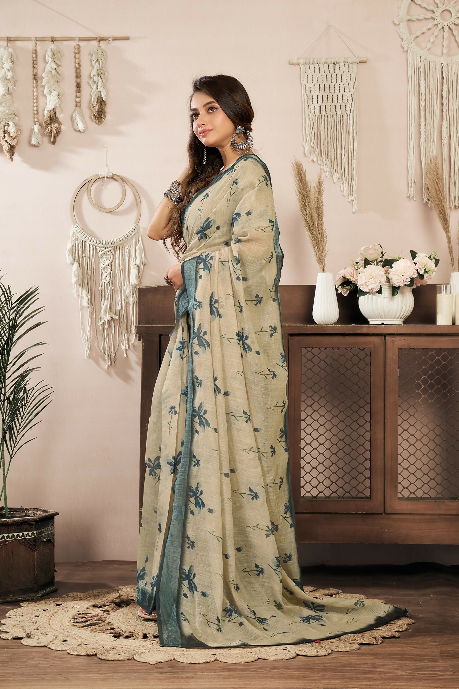 Joban Fashion Beige Floral Linen Ready To Wear Saree With Unstitched Blouse - Distacart