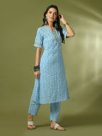 Myshka Women's Blue Printed Cotton Straight Party Kurta Set