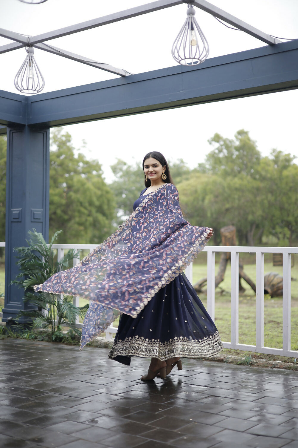 Aayaa Designer Embroidery Zari Sequins-Work Faux Blooming Georgette Suit - Navy Blue - Distacart