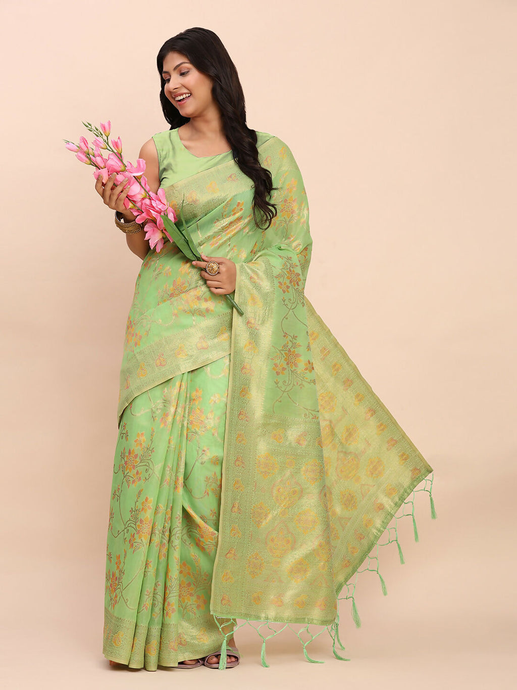 Shree Shyam Fashion Linen Cotton Green Saree - Distacart