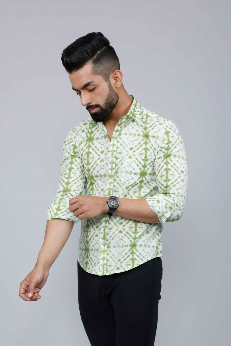 Miravan Men's Premium Green and White Slim Fit Tie Dye Cotton Shirt